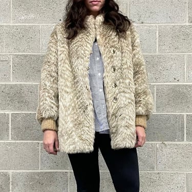 Vintage Coat Retro 1980s Wildcat + Faux Fur + Sweater + Knit + Jacket + Beige and White + Cold Weather Apparel 