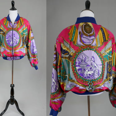 90s Colorful Windbreaker Jacket - MJ Carroll - Fuchsia Pink Blue Purple Gold Green Knights Swords Goddess Athena - Vintage 1990s - XL 