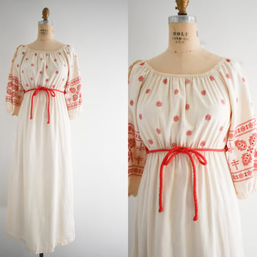 1970s Cream Cotton Maxi Dress with Red Flocked Design 