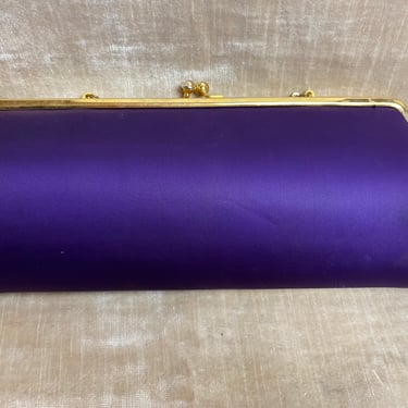 Sleek 1960’s purple handbag evening clutch purse long thin sleek mod retro pop of color gold chain optional 