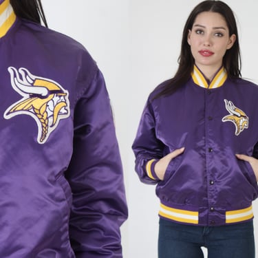 Minnesota Vikings Starter Jacket, Vintage 90s Satin NFL Bomber Coat, Authentic Pro Line Mens Snap Up M 