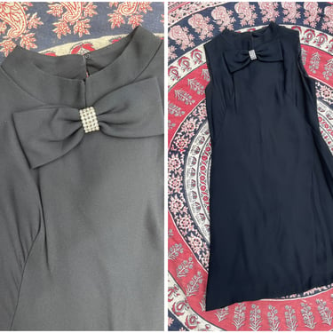 Vintage 1960s little black dress | classic sleeveless crepe dress with bow &amp; rhinestone detail, S/M 