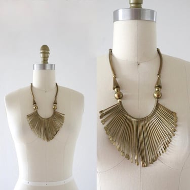 brass fringe necklace - vintage 80s 90s womens gold tone boho modernist hippie glam jewelry 