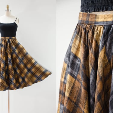 brown plaid skirt | 70s 80s vintage Adolfo gold tan gray silk dark academia cottagecore 50s style fit and flare flowy midi skirt 