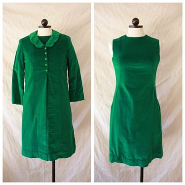 60s Mod Green Velour Shift Dress & Coat Set Size S 