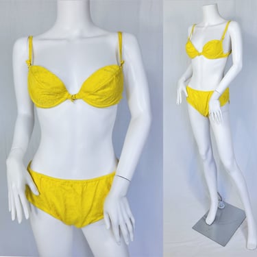 1960's Yellow Daisy Print Cotton 2 Pc French Bikini Bathing Suit I Sz Sm I Exclusivités boutique 