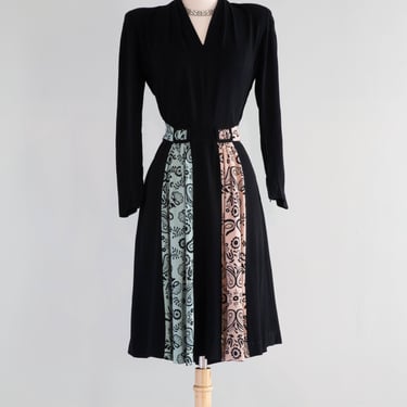 Fabulous 1940's Rayon Crepe Occasion Dress With Two Tone Panels From Nicholas Ungar / Medium