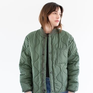 Vintage Slate Green Quilt Zip Jacket | Puffer Quilted Nylon Coat | Zipper | M | J1 