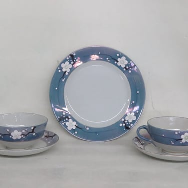 Lusterware Japan Porcelain Hand Painted Blue Cherry Blossom 5 PC Tea Set 3496B