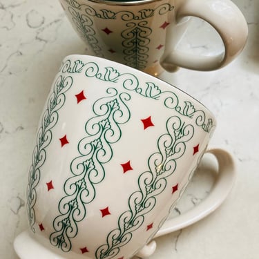 One Pair of Starbucks Coffee Large Mug 18oz Barista White Green Swirl Lines Red Diamonds Holiday Mug by LeChalet