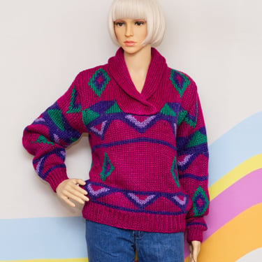 Vintage 1980s Fuchsia Shawl Collar Sweater | Medium 