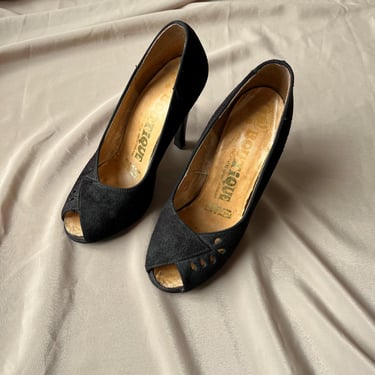 Original Late 60s Early 70s Does 40s Peep Toe High Heels Suede Leather Black UK4 