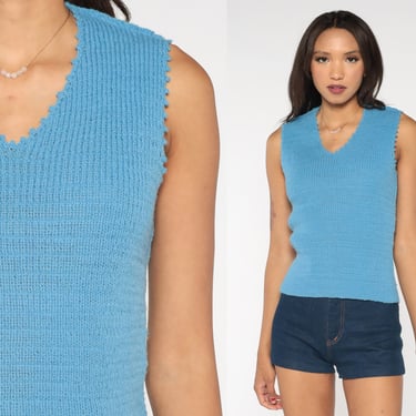 Blue Sweater Vest Top 70s Knit Tank Top Sleeveless Nerd 1970s Boho V Neck Knit Shirt Sleeveless Hippie Vintage Small S 