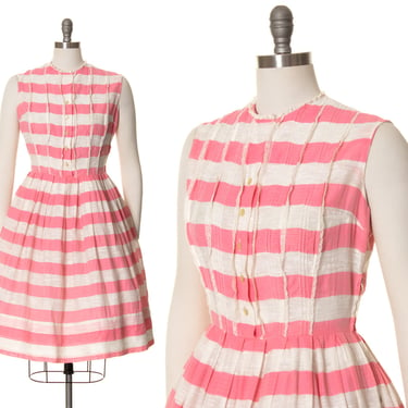 Vintage 1950s Sundress | 50s Striped Pink White Barbie Shirtwaist Day Dress Fit and Flare Full Skirt Shirt Dress (medium) 