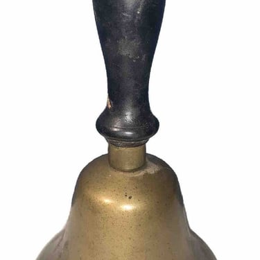 Antique Black Wooden Handle Brass School Bell w Original Patina 