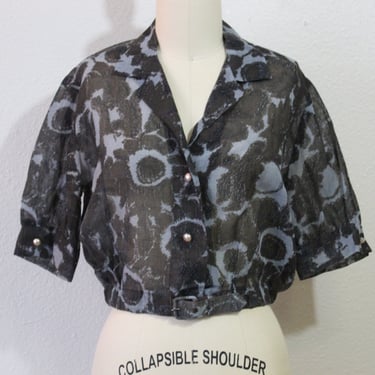 Vintage 50s Blouse Sheer Black Blue Buckled Bottom Short Sleeve Blouse top Shirt Mr. Simon Cotton  // Modern Size US 4 6 8 small med 