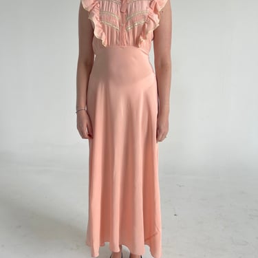 1930's Peachy Pink Silk Slip with Cream Lace and Ruffle