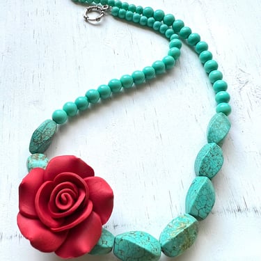 Turquoise Stone Statement Necklace With Red Rose 