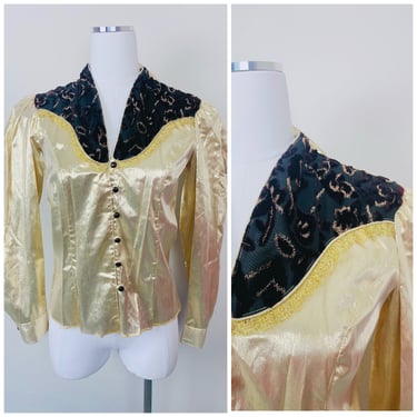 1980s Vintage Miss Rodeo American Lurex Blouse / 80s Velvet Burnout Gold Metallic Slim Cut Western Shirt . Small - Medium 