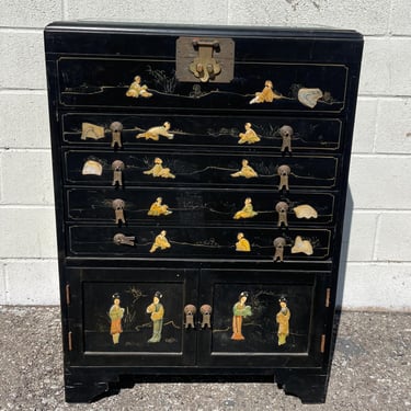 Antique Chinese Lacquered Chest Cabinet Storage Asian Chinoiserie Boho Chic Apothecary Silverware Case Console Storage Brass Accents 