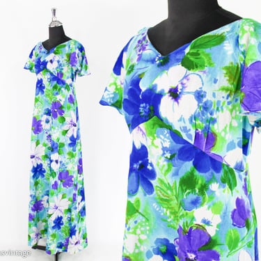 1970s Blue Tiki Print Dress | 70s Blue White Hawaiian Maxi Dress | Maluna Hawaii | Small 