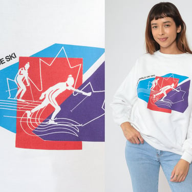 Vintage Ski Sweatshirt 90s Canada Équipe Nationale de Ski Sweater Skier Graphic Shirt Retro White 1990s Nordiq Crewneck Skiing Medium Large 