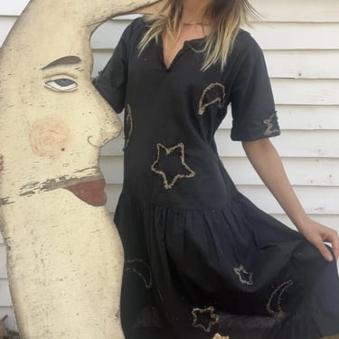 Antique 1920s Star & Moon Tinsel Halloween Dress & Hat Masquerade Party Vintage