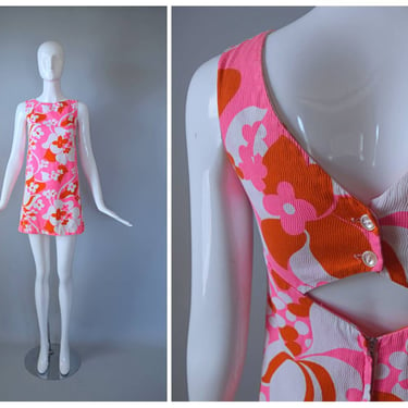 Vintage 1960s Hawaiian Resort Shops Pink and Orange Psychedelic Floral Cut Out Micro Mini Go Go Dress 