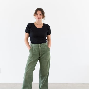 Vintage 30 Waist Olive Green Army Pants | Unisex Utility Fatigues Military Trouser | Zipper Fly | F475 