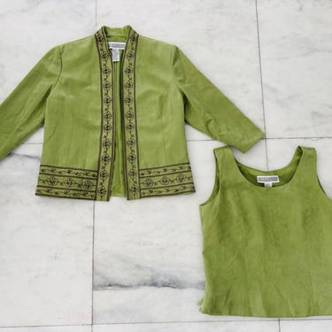 VTG Jessica Howard Jacket Top Set Green Beaded 2 Piece Womens 14 Art Boho 