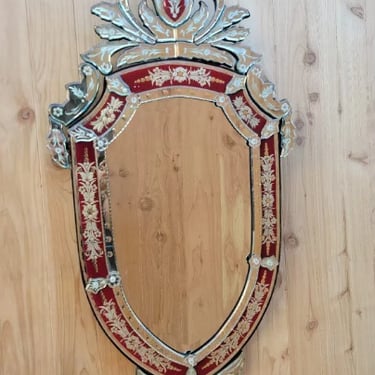 Hollywood Regency Ornate Venetian Beveled and Etched Red Wall Mirror