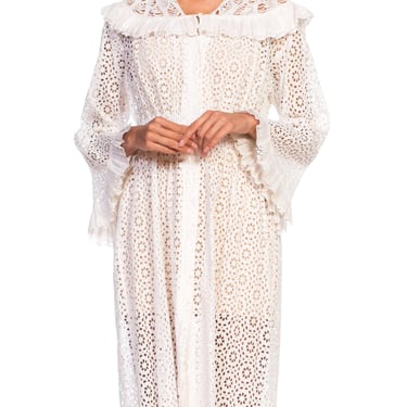 MORPHEW COLLECTION White Organic Cotton Belle Sleeve Dress With Ruffle Detail Made From Victorian Eyelet Lace Duster 