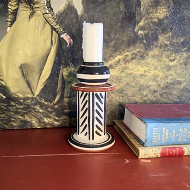 Handmade Signed Modernist Striped Terracotta Candleholder 