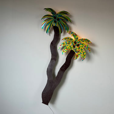 Modern Art Cut Metal and Painted Sculptural Palm Tree Wall Lamp by Harver 
