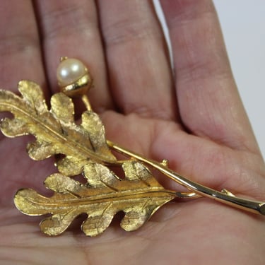 Vintage 60s Gold Leaf and Pearl Brooch Pin Maple Oak Fall / MCM 