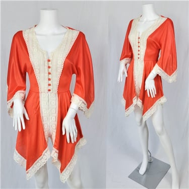 1970's Orange Lace Handkerchief Hem Kimono Sleeve Short Mini Dress I Nightgown I Shirt I Top I Sz Sm 