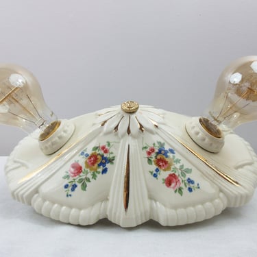 Refurbished Antique Porcelier Dual Light Flush Mount Ceiling Fixture - Colorful Floral Design - 1930's Deco Period 