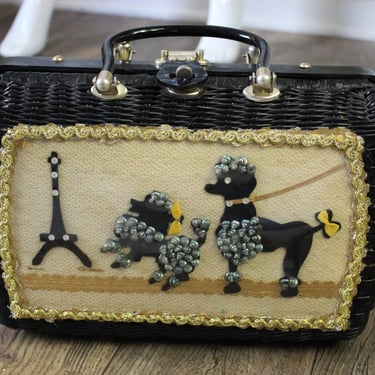 Vintage 1950s 60s Atlas Princess Charming Black Poodle Dog shell purse Wicker Handbag bag Lunch Pail Box Lucite Handles 