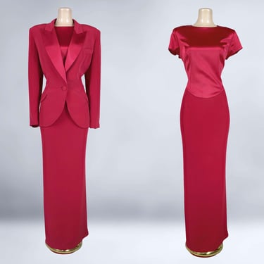 VINTAGE 80s Long Red Sheath Dress and Tuxedo Jacket Set by Lilli Rubin Sz 12 | 1980s Formal Cocktail Dress Suit | Mother of the Bride | VFG 