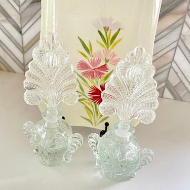 Art Deco Clear Glass Perfume Bottles, Set of 2, Imperial Glass, Flower Motif, Scent Stopper, Tree Style, Vintage Glass Beauty, Vanity Decor 