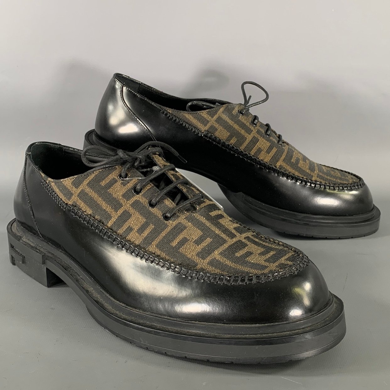 FENDI Size 10 Black Brown Monogram Leather Lace Up Shoes Fendi Leather Upper Black Casual Shoes for Men for sale | eBay main image 2