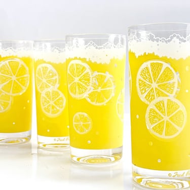 Lemon yellow summer glassware 4 Fred Press highball cocktail glasses for Collins Gin fizz Lemonade or Ice tea MCM Vintage Barware tumblers 