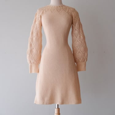 Cutest 1970's Ivory Cream Crochet Knit Day Dress/ Sz M