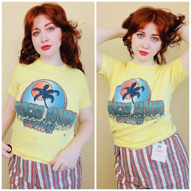 1970s Vintage Yellow Palm Tree Beach Bum Shirt / 70s Novelty Paper Thin Tropical Graphic Tee T-Shirt / Size Large 
