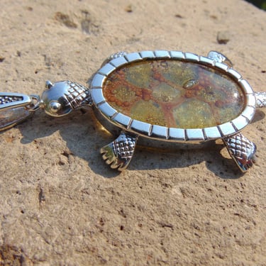 D'Molina ~ Mexican Sterling Silver and Green / Brown Epoxy Large Turtle Pendant 