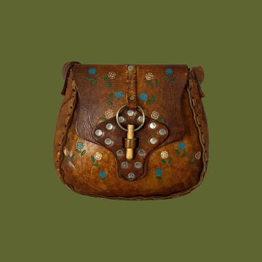 FLOWER CHILD Vintage 70s O Ring Purse | 1970's Hand Tooled Brown Leather Floral Shoulder Bag | Hand Laced Hippie Boho Bohemian 