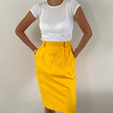 90s linen skirt / vintage deadstock marigold yellow woven linen knee length pleated skirt | 27 W size 4 