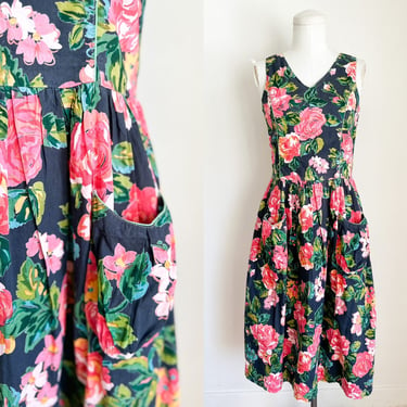 Vintage 1980s does 1950s Dark Floral Cotton Sundress / XS 