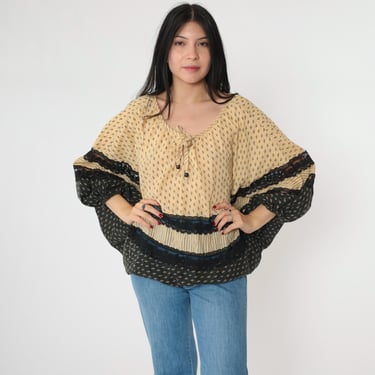 70s Peasant Blouse Batwing Sleeve Lace Trim Boho Top Wide Sleeve Vintage 1970s Hippie Shirt Keyhole Tie Neck Bohemian Shirt Black Yellow OS 