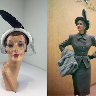 Her Dramatic Style - Vintage 1940s 1950s Classic Navy & White Straw Caplet Hat w/Veil Feather 